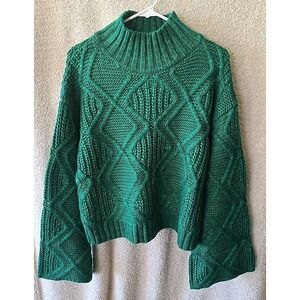 Sugar + Lips Green Mock Neck Knit Ivy League Sweater Wide Sleeve Size L NWT Fall